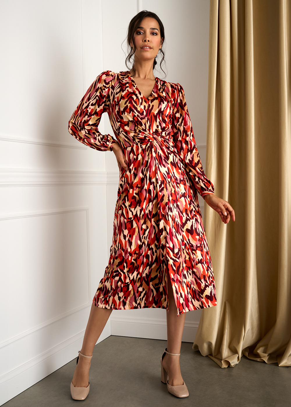 K-design Midi dress met print, V-hals en knoop – What Els!