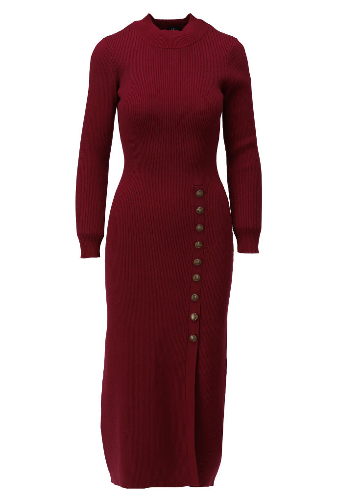 K-Design Midi rib jurk met knopen B870 Burgundy K-Design