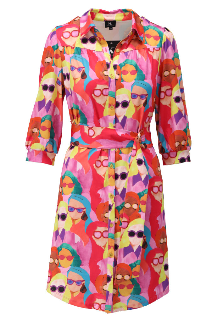 K-design - Mini dress met print, knopen en stoffen riem (A312P947) - What Els!