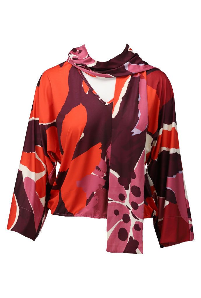 K-Design V-hals top met sjaaltje & design - B102 - Rood