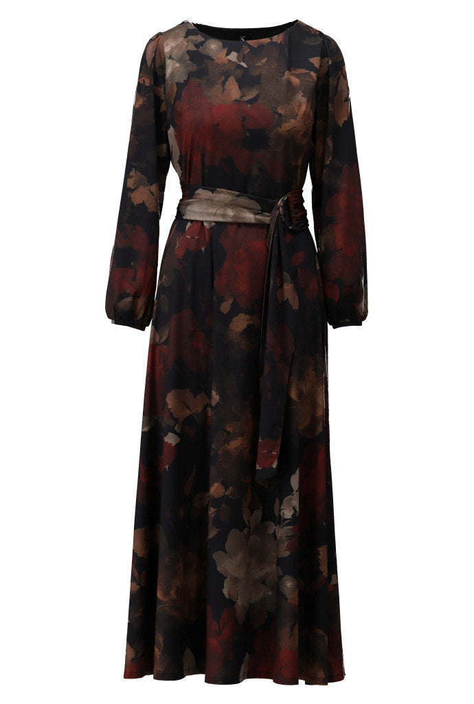 K-Design Maxi jurk met ronde hals & design - B124 - Zwart