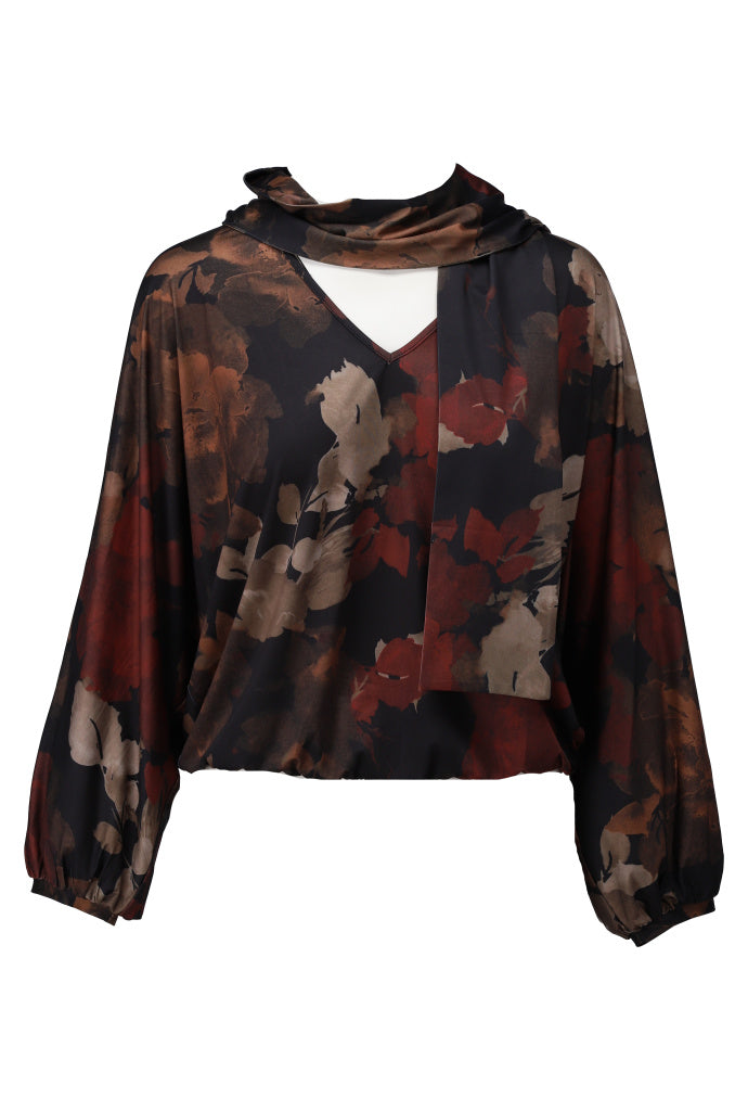 K-Design V-hals top met sjaaltje & design - B126 - Zwart