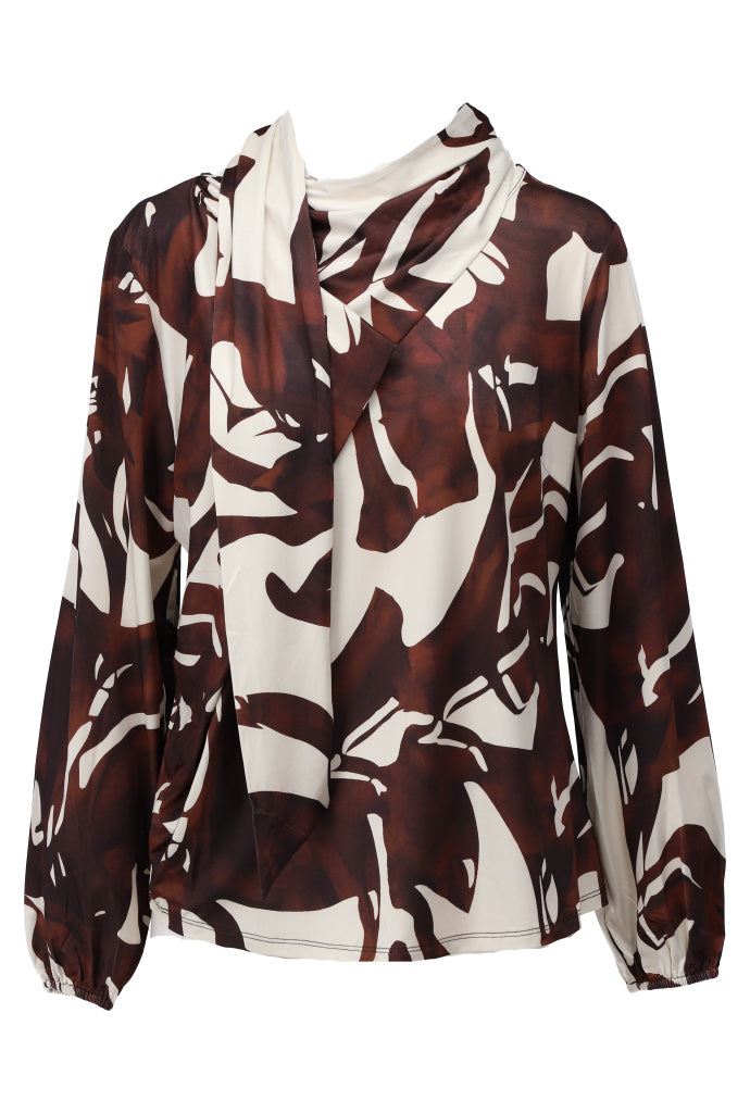 K-Design Top ronde hals met sjaal effect & design - B133 - Bruin