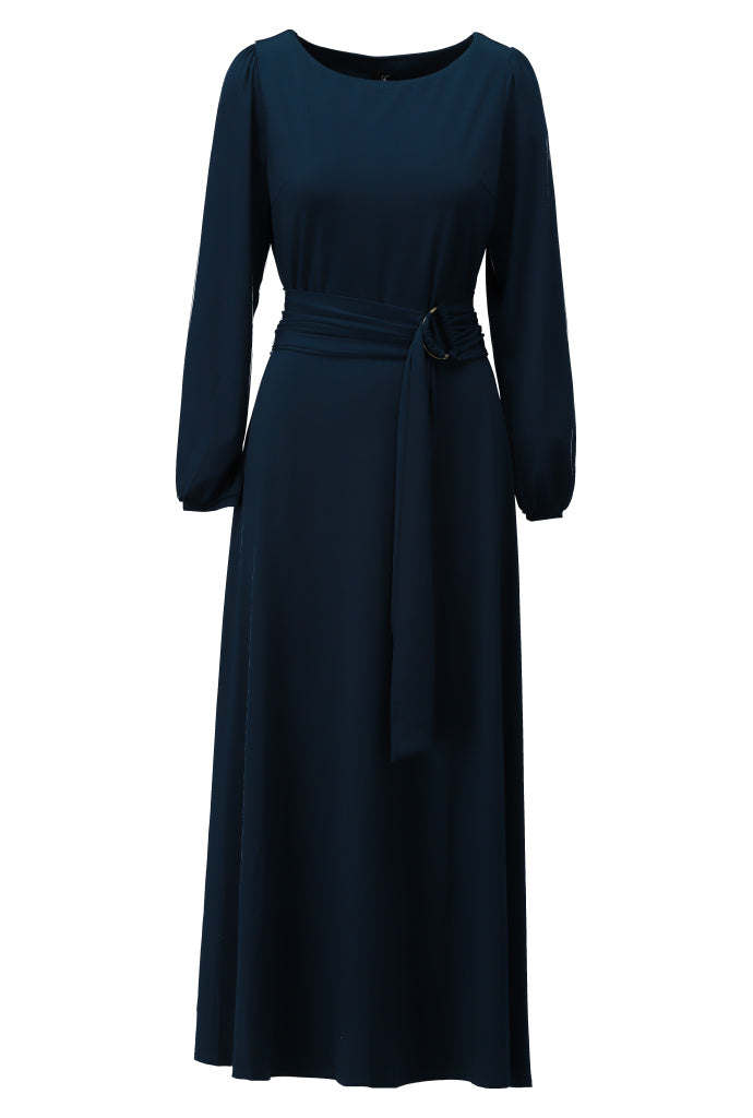 K-Design - Maxi jurk met ronde hals en stoffen riem (B194)