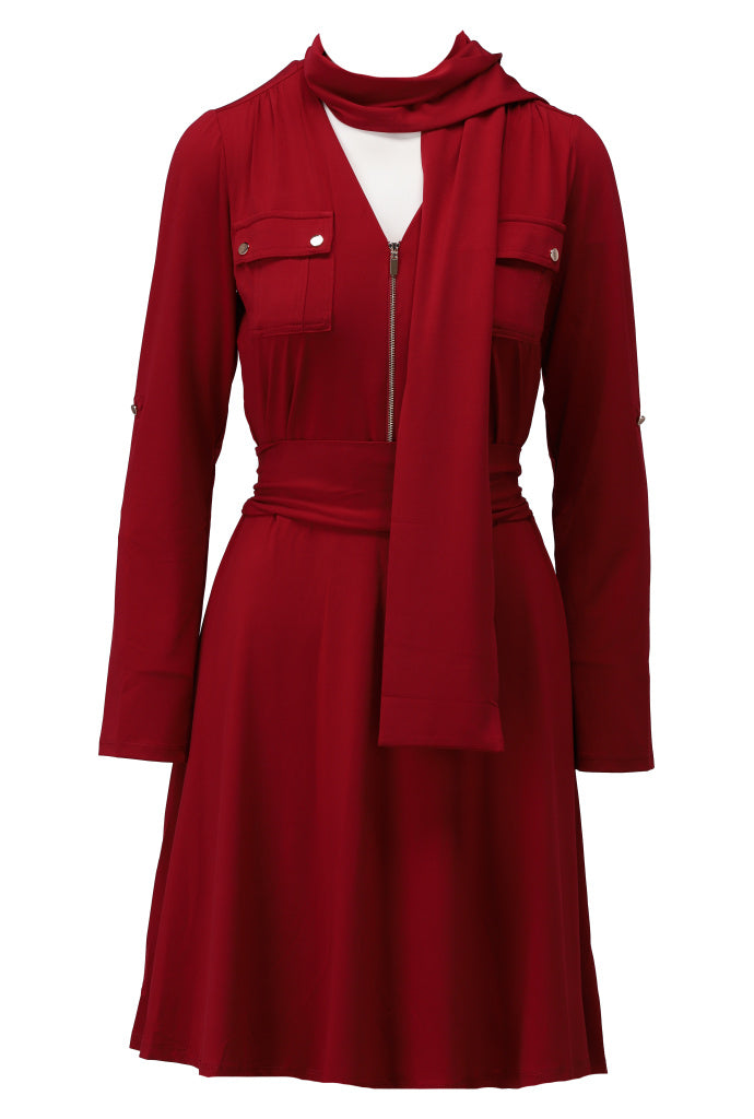 K-Design - Jurk met rits, zakjes, sjaaltje en stoffen riem (B196)