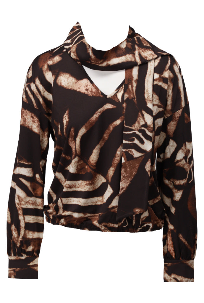 K-Design V-hals top met sjaaltje & design - B202 - Bruin