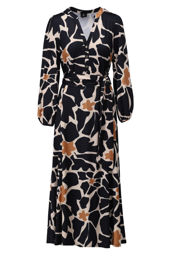 K-Design - Maxi jurk met design en stoffen riem (B302)