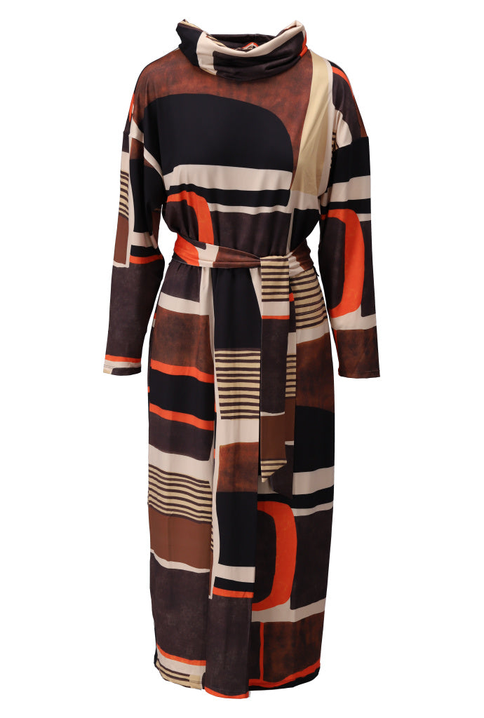 K-Design Midi jurk met rolkraag & design - B308 - Multicolor