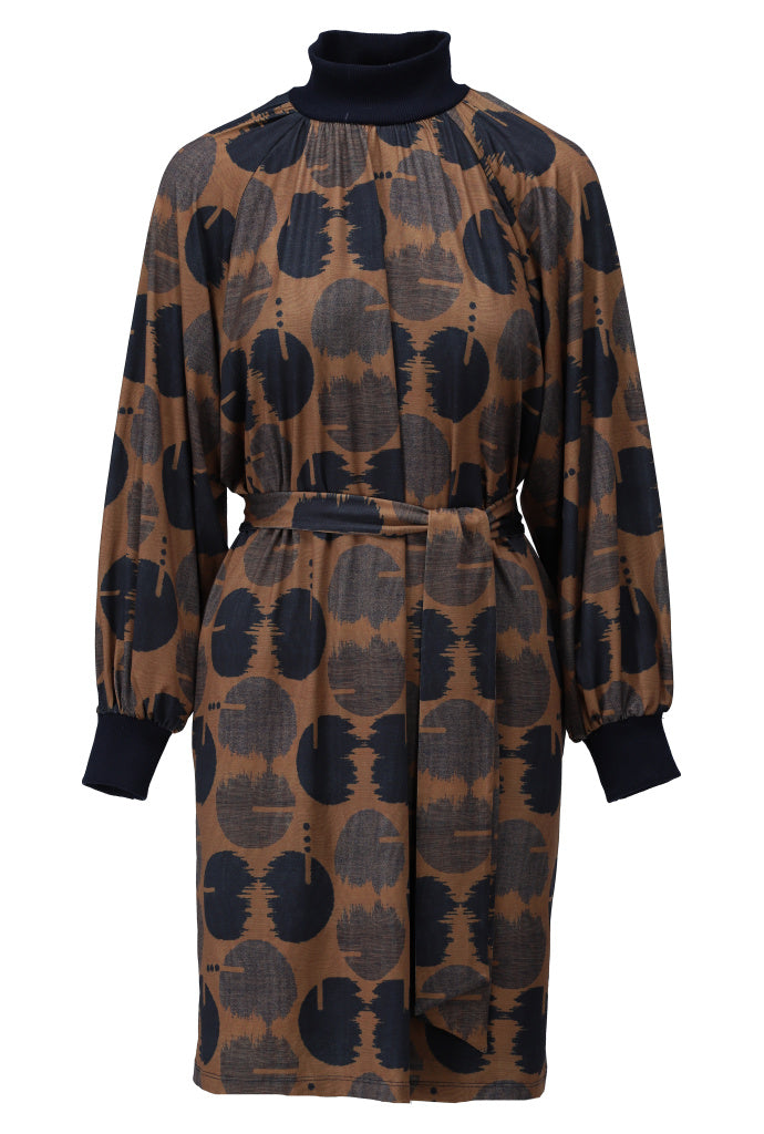 K-Design Jurk met gebreide hals & design - B316 - Bruin