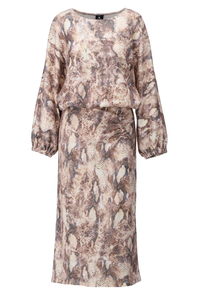 K-Design Midi jurk ronde hals met design - B401 - Bruin