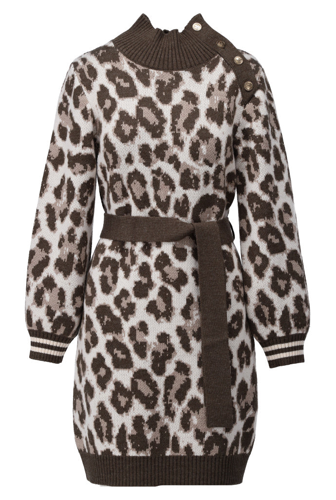 K-Design - Gebreide jurk met luipaardprint en stoffen riem (B818)