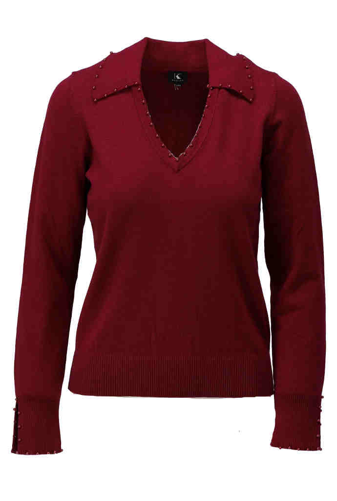 K-Design Pull met parels aan V hals - B825 - Rood