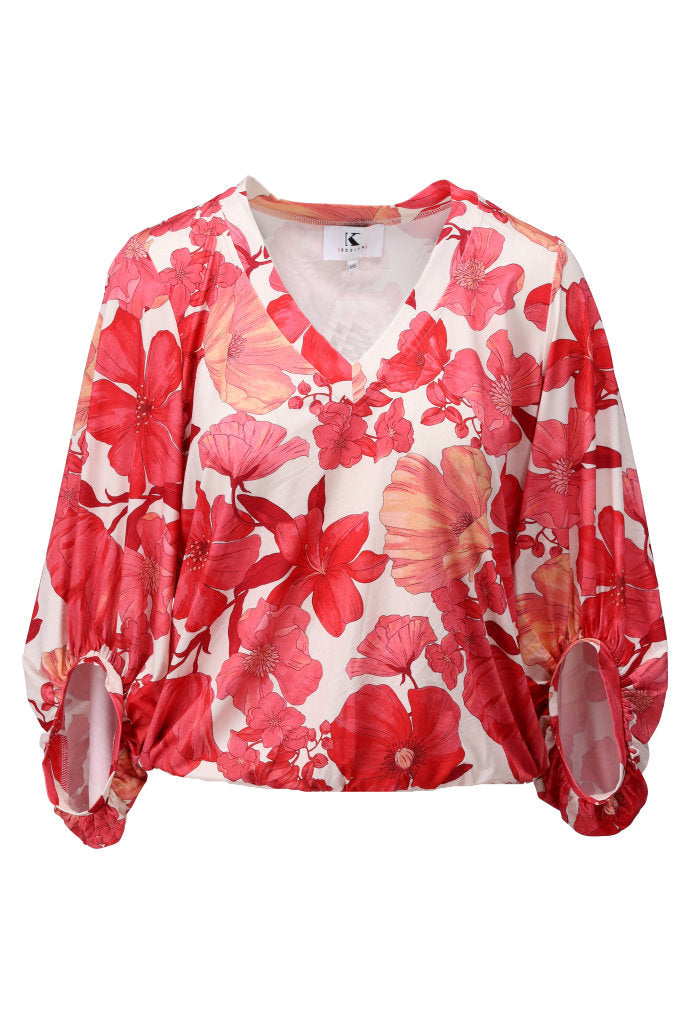 K-design - V-hals top met print en ballonmouwen (C102)