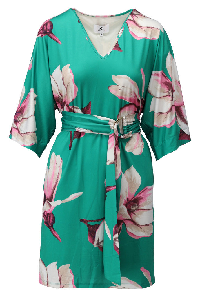 K-design - V-hals jurk met print en stoffen riem (C104)