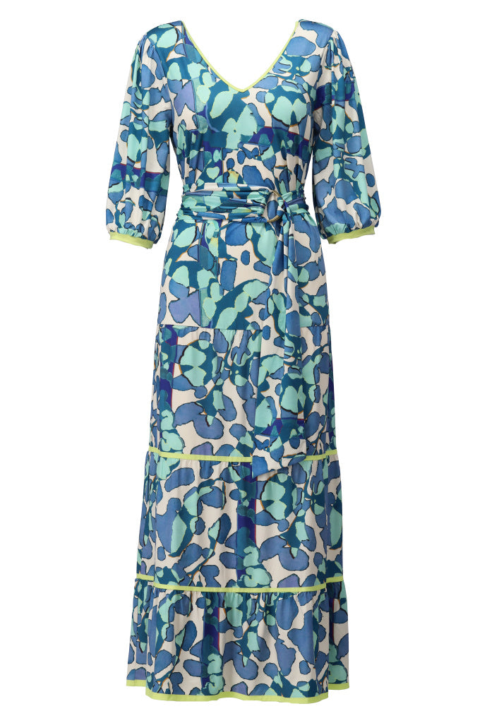 K-design - Maxi jurk met volants, print en stoffen riem (C108)