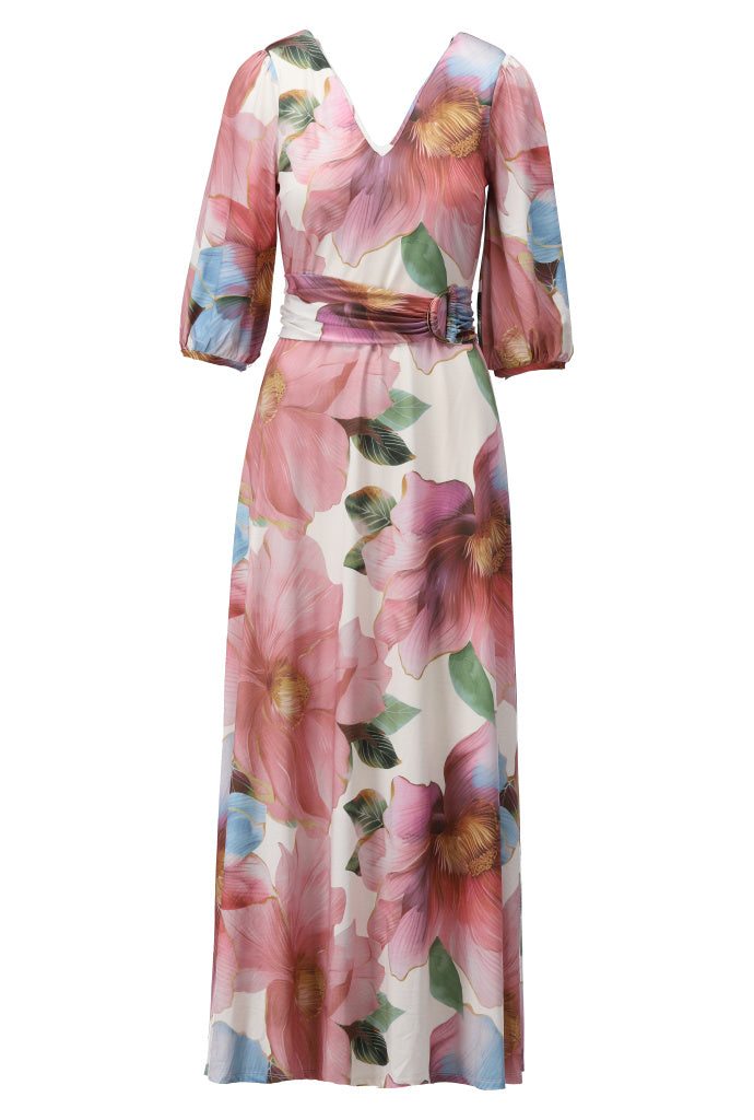 K-design - Maxi jurk met print en stoffen riem (C111)