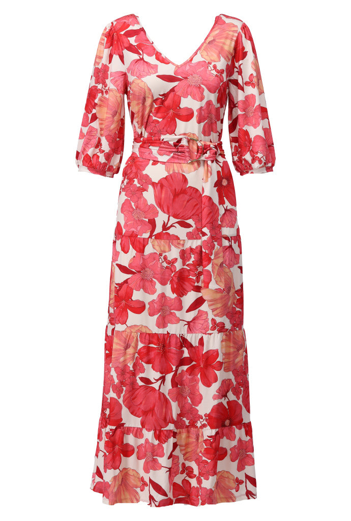 K-design - Maxi jurk met bloemenprint en stoffen riem (C114)