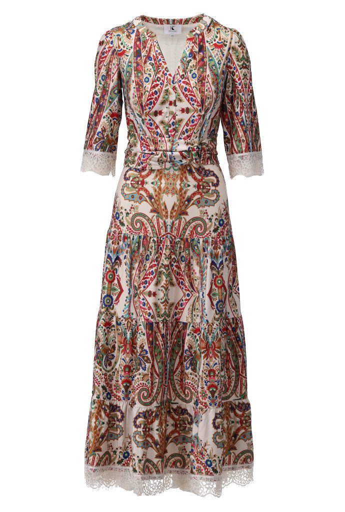 K-design - Maxi jurk met print, kant en stoffen riem (C301)