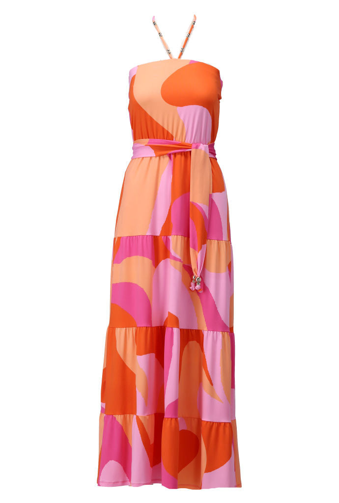 K-design - Bandeau jurk met print, volants en stoffen riem (C311)