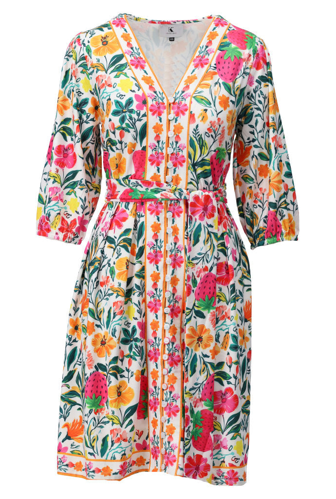 K-design - Jurk met bloemenprint en stoffen riem (C402)