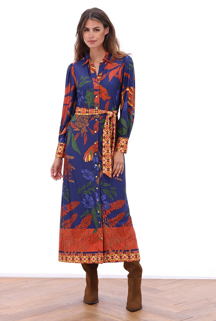 K-Design - Maxi jurk met zakjes & design en stoffen riem (B119)