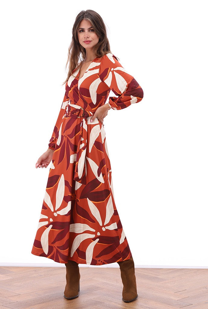 K-Design - Crossover maxi jurk met design en stoffen riem (B121)