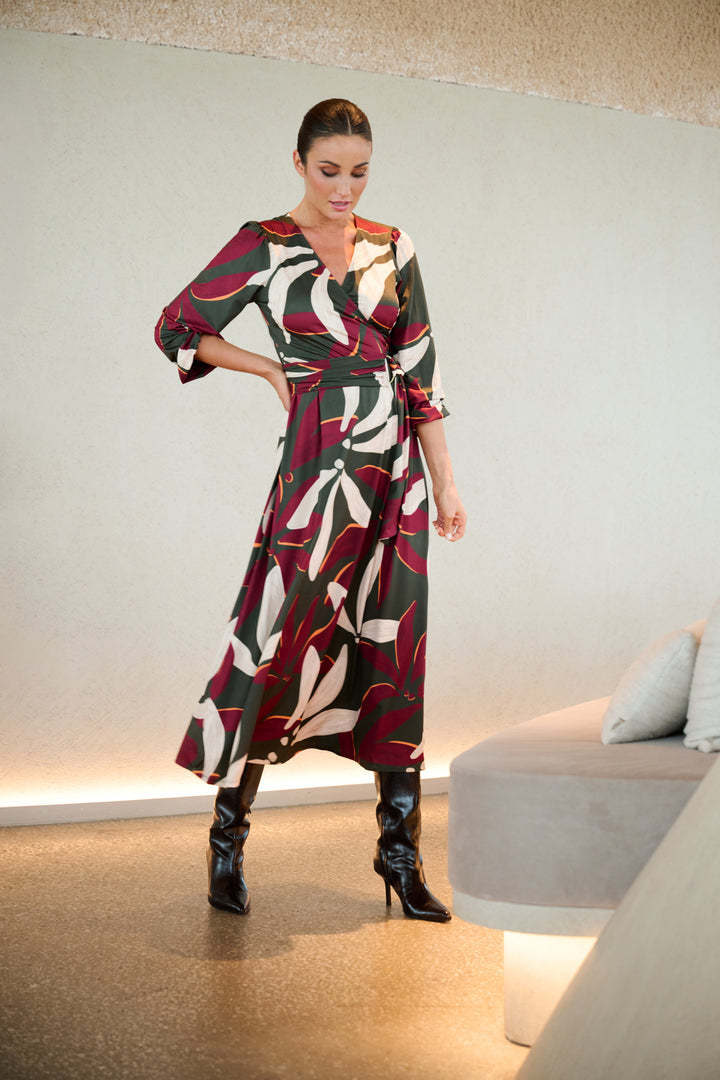 K-Design - Crossover maxi jurk met design en stoffen riem (B121)