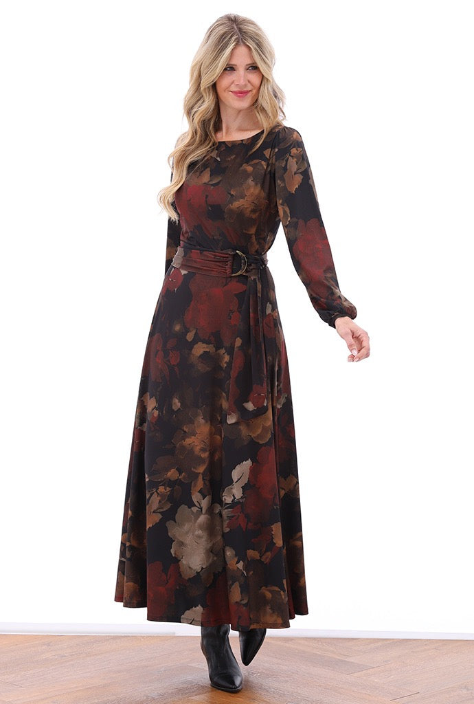 K-Design - Maxi jurk met ronde hals & design en stoffen riem (B124)