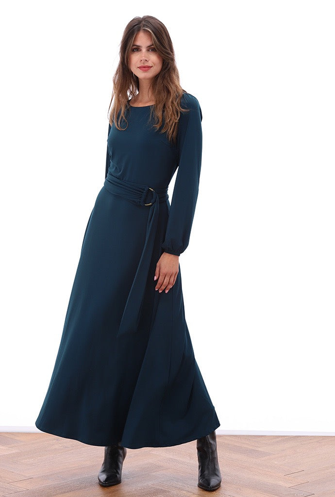 K-Design - Maxi jurk met ronde hals en stoffen riem (B194)