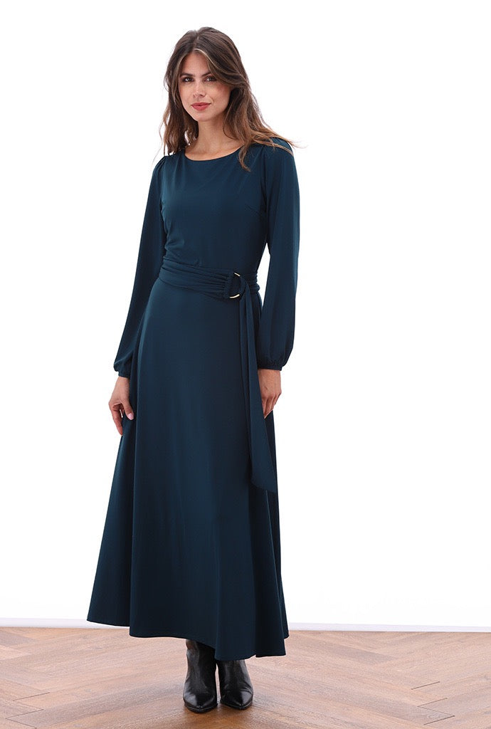 K-Design - Maxi jurk met ronde hals en stoffen riem (B194)