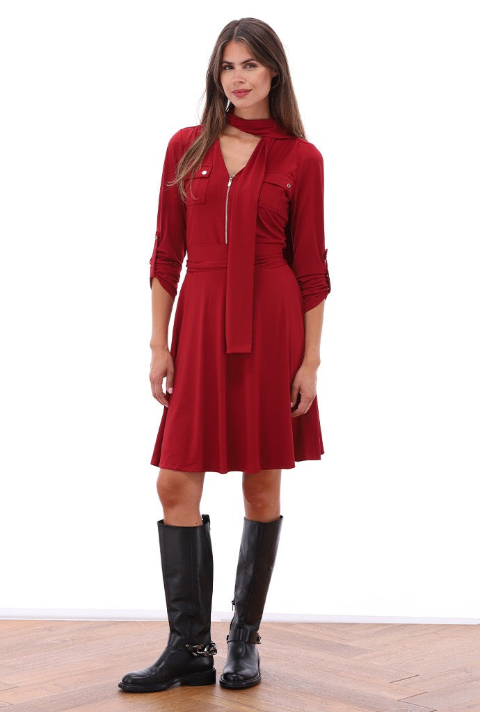 K-Design - Jurk met rits, zakjes, sjaaltje en stoffen riem (B196)