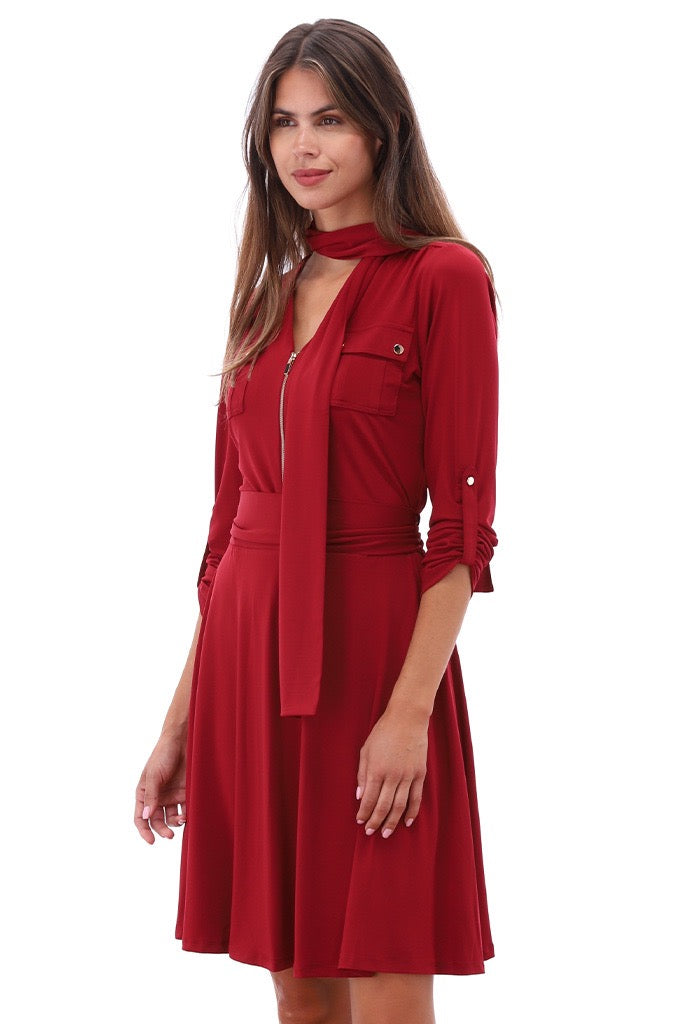 K-Design - Jurk met rits, zakjes, sjaaltje en stoffen riem (B196)