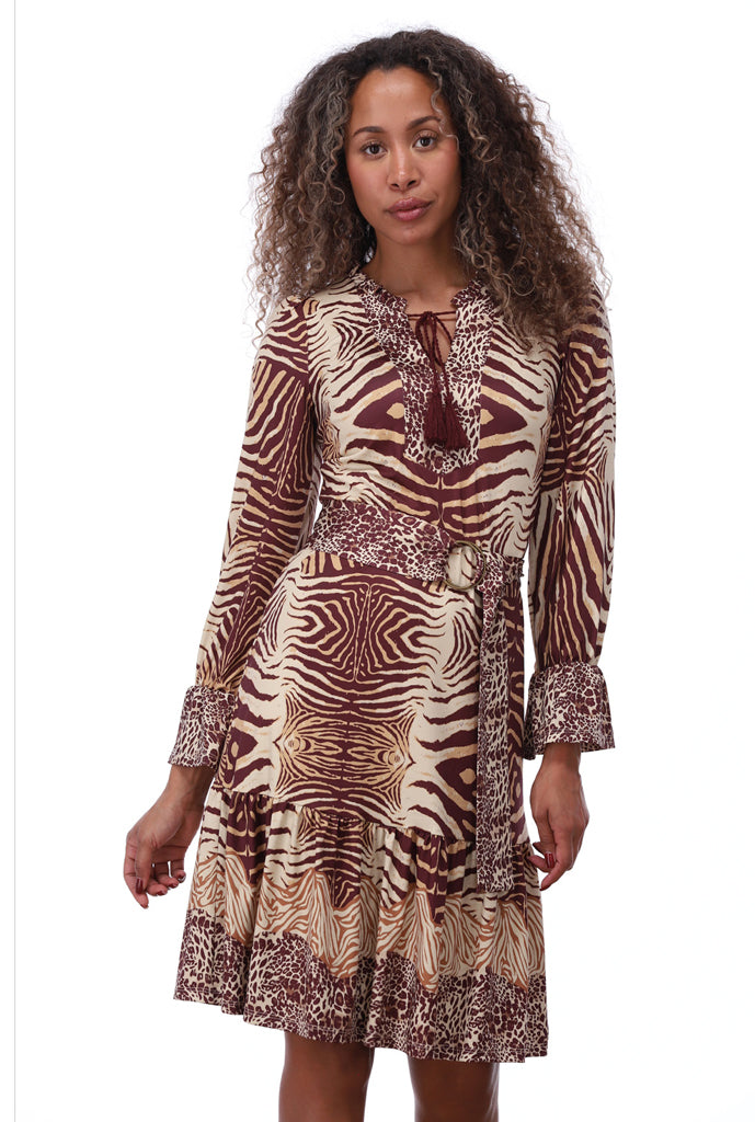 K-Design - Jurk met dieren design en stoffen riem (B208)