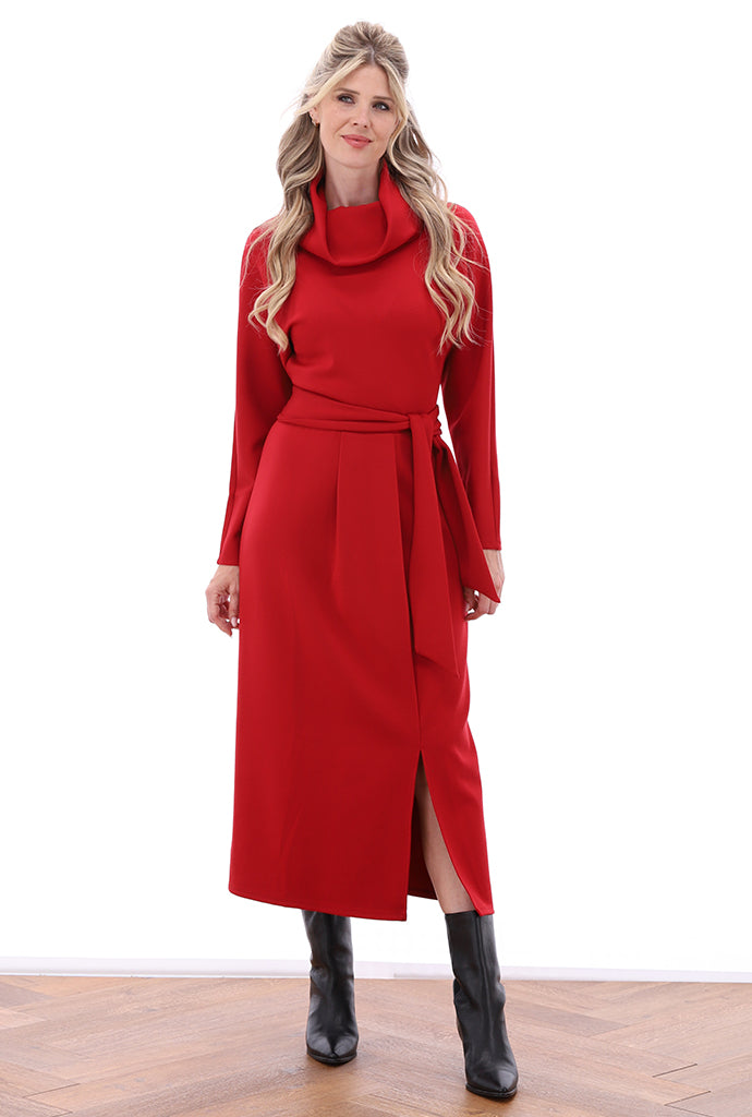 K-Design - Maxi jurk met rolkraag en stoffen riem (B632)