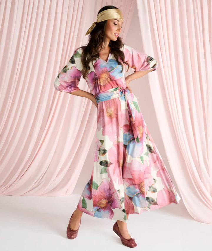 K-design - Maxi jurk met print en stoffen riem (C111)