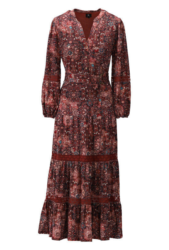 K-design - Maxi dress met boho print, gehaakte stukken en stoffen riem (X115) - What Els!