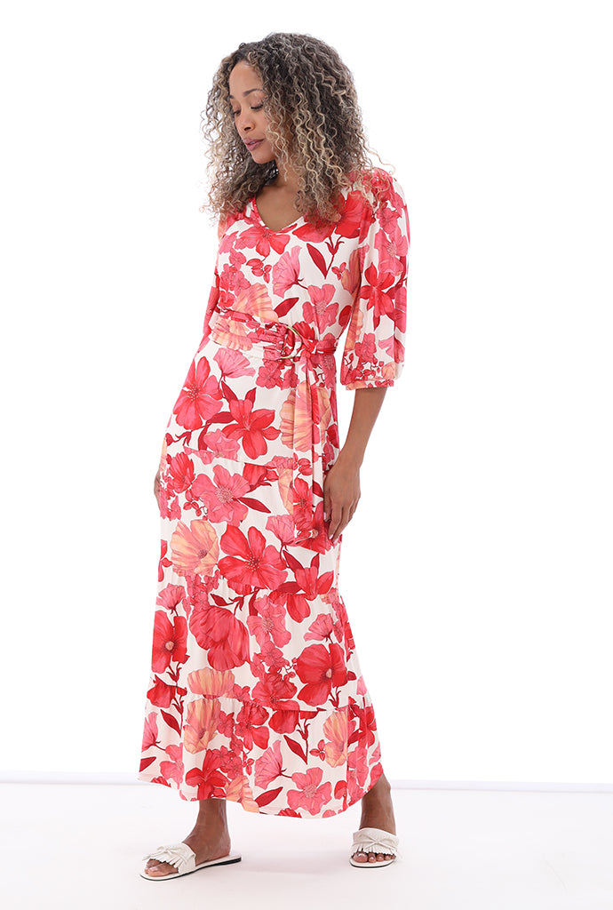 K-design - Maxi jurk met bloemenprint en stoffen riem (C114)