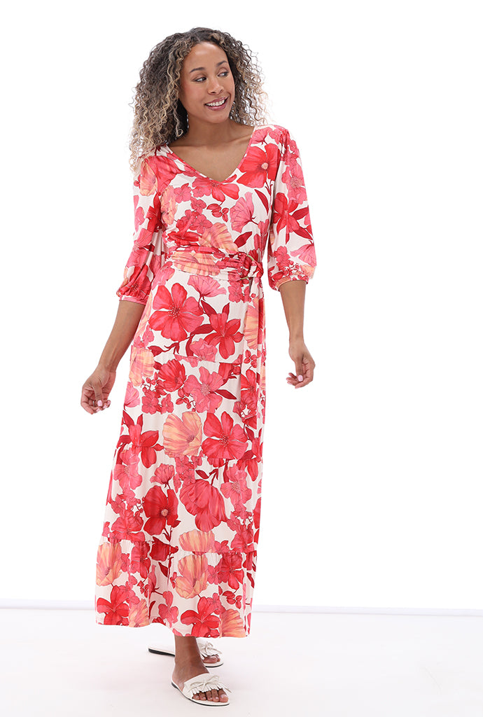 K-design - Maxi jurk met bloemenprint en stoffen riem (C114)