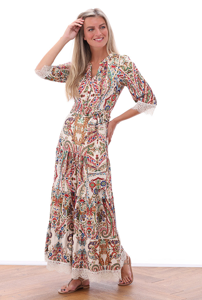 K-design - Maxi jurk met print, kant en stoffen riem (C301)