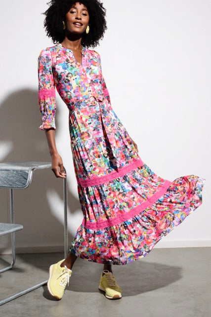 K-design - Maxi dress met fluoprint, kant en stoffen riem (Y232) - What Els!