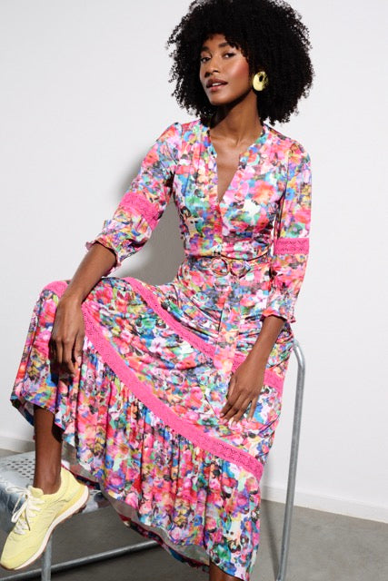 K-design - Maxi dress met fluoprint, kant en stoffen riem (Y232) - What Els!