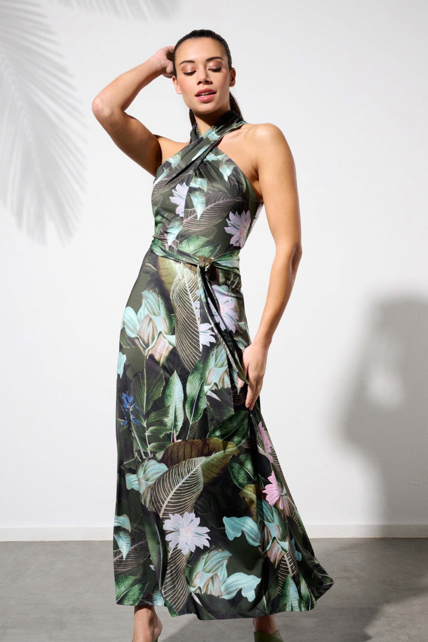 K-design - Maxi dress met jungle bloemenprint, gekruiste hals en stoffen riem (Y303) - What Els!