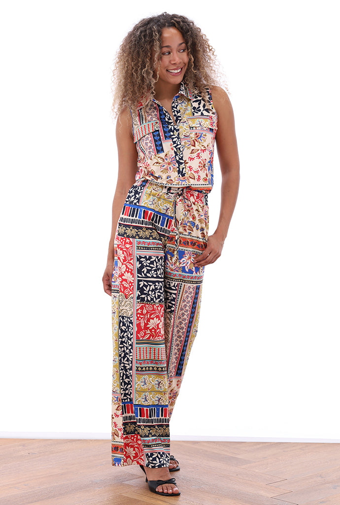 K-design - Mouwloze jumpsuit met print en trekkoord (C317)