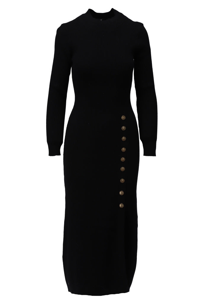 K-Design Midi rib jurk met knopen - B870 - Black - Black