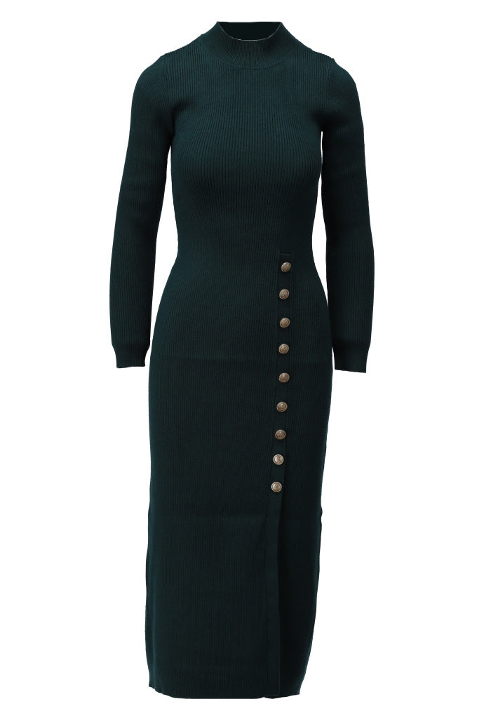 K-Design Midi rib jurk met knopen - B870 - Pine grove - Pine grove