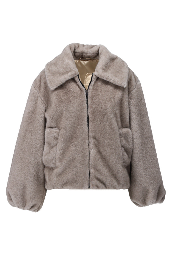 K-Design Jas in bont look met rits - B904 - Taupe - Taupe