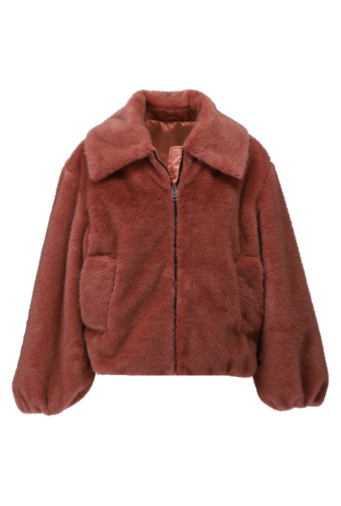 K-Design Jas in bont look met rits - B904 - Cedar wood - Cedar wood