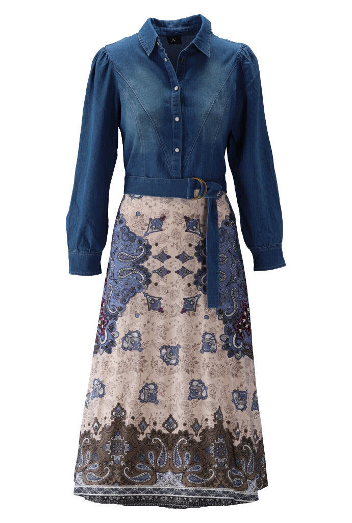 K-design - Midi dress met vaste jeansblouse, jeansriem en afneembare onderrok (X362) - What Els!