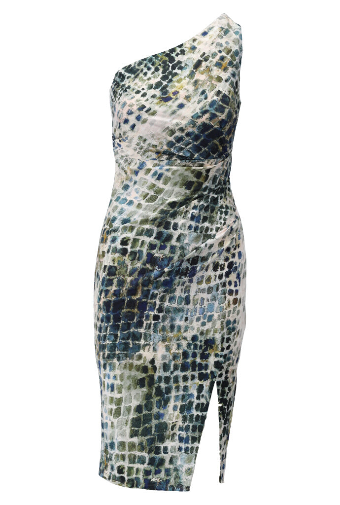 K-design - Asymetrische schouder midi dress met reptielenprint (Y101) - What Els!