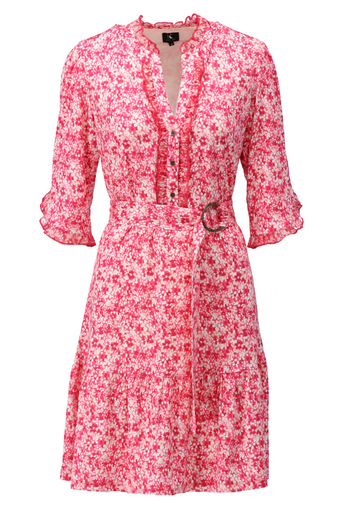 K-design - Mini dress met bloemenprint, volant en stoffen riem (Y211) - What Els!